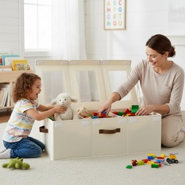 StorageWorks Large Toy Storage Bins with Lids, Collapsible Sturdy Toy Chests, Storage Chests with Dividers for Nursery, Living Room, Playroom, Bedroom, Beige, 2-Pack
