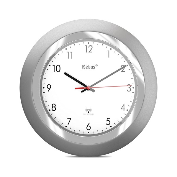 Mebus Radio Controlled Wall Clock, Classic Model, Silver Frame, White Dial, 24 cm Diameter, Round, Radio Controlled Clock (DCF77), Model: 19452, Colour: Silver, White