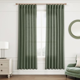 Joywell Olive Semi Sheer Curtains 72 Inch Length 2 Panels Set Aesthetic Bathroom Curtains Window Boho Decor Rustic Hook Belt Back Tab Rod Pocket Spring Room Decor Flax Linen Emerald Dark Green