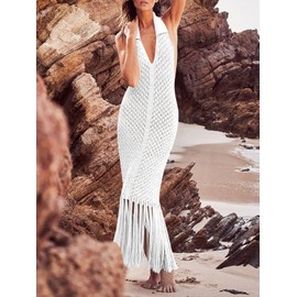 Saodimallsu Womens Halter Cover Ups Fringe Collared Crochet Sleeveless Mesh Knit Swimsuit Coverup Beach Maxi Dress White