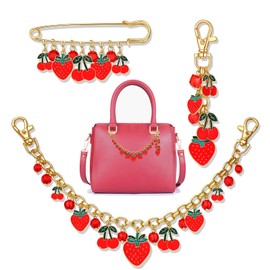 Strawberry Keychain -Purse Bag Charm Extender Chain -Cute Red Enamel Crystal Beaded Aesthetic Strawberry Key Rings Brooch Pin Accessories Christmas Birthday Valentines Day Gift
