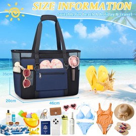 RAINSMORE Mesh Beach Bag XXL Family with Zip Large Bath Bag Shopper Women's Waterproof Beach Bag for Beach Pool Gym Travel Blue