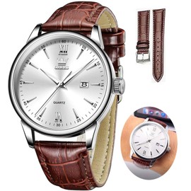 OLEVS Mens Watches Leather Watch Brown Watch White Face Waterproof Analog Quartz Watches for Men Minimalist Easy to Read Wrist Watches Reloj Hombre
