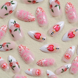 Press on Almond Nails-24Pcs Artificial French Tips False Nails with Heart Rose Line Designs Heart Full Cover Medium Acrylic Fake Nails Glue Stick on Fingernails for Women Girls