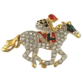 CLEAR CRYSTAL TWO-TONE PLATED RED & BLACK JOCKEY RACE HORSE BROOCH PIN MADE WITH AUSTRIAN CRYSTALS