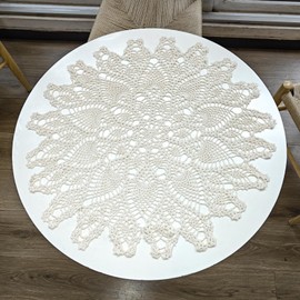URROMA Hollow Round Doily, 60 * 60cm Beige Handmade Crochet Circular Cotton Lace Table Overlay Tablecloth Cover for Table Sofa Pillow Decor