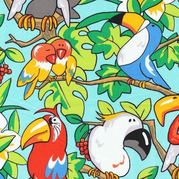 Fabri-Quilt Zany Zoo Paradise Birds Parrots Light Blue Premium Quality