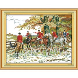 Benway Counted Cross Stitch Kit Hunting On The Horses With Hunting Dogs In Forest 14 Count 56x44cm