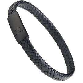 Forge & Foundry Men's Genuine Interwoven Leather Braided Bracelet with Matte Black Stainless Steel Clasp | “Hanover” (XL)