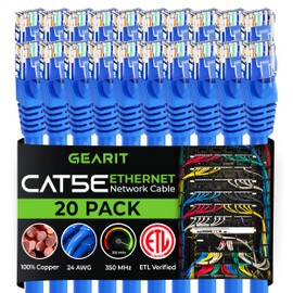 GearIT 20-Pack, Cat5e Ethernet Patch Cable 7 Feet - Snagless RJ45 Computer LAN Network Cord, Blue