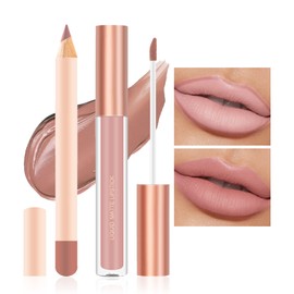Prreal 2 x Lip Liner and Lipstick Makeup Set, Matte Liquid Lipstick + Matching Lip Liner, Nude Velvety Lipstick Makeup Kit Gift Set, Waterproof, Long Lasting Labiales Mate 24 Horas Original (01)