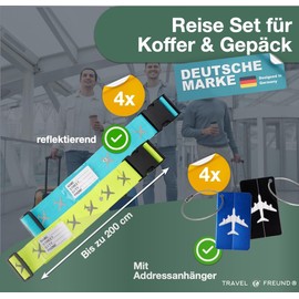 XXL Set of 4 Luggage Straps and 4 x Luggage Tags – Suitcase Strap Particularly Eye-catching – Webbing with Name Tag for Suitcases & Luggage – Luggage Strap