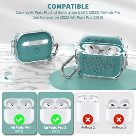 TUDIOW for Airpods Pro 2nd/1st Generation Case with Lock, Floral Flower Engraved Airpod Pro 1&2 Protective Cover with Cleaner Kit&Keychain&Lanyard for AirPods Pro 2nd/1st Gen (Pine Green)