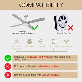 Interruptor de pared inteligente wi-fi Moes para ventilador de techo, aplicación Smart Life/Tuya, cronómetro remoto y contador, compatible con Alexa y Google Home, color negro. No requiere concentrador.