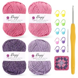 4 Pack Crochet Yarn for Beginners – Hollow Shiny Silver Cotton DK Yarn, 50g/100m Skein with 3.5mm Hook & Tools – Soft Sparkling for Granny Squares, Knitting & Amigurumi (Rose+Pink+Lavender)