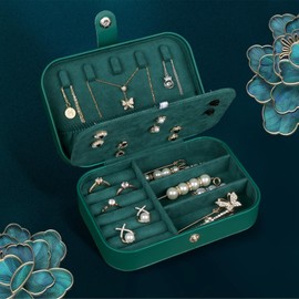 Travel Jewelry Box, PU Leather Small Jewelry Organizer for Women Girls, Portable Mini Travel Case Display Storage Holder Boxes for Stud Earrings, Rings, Necklaces, Bracelets (Ink Green)