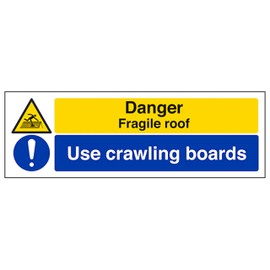 V Safety Fragile Roof/Use Crawling Boards - Landscape 300 x 100 mm - Glow In The Dark 1mm Rigid Plastic Safety Sign