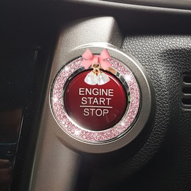 Bling Diamond Car Engine Start Stop Button Decoration Ring - Bling Ring Emblem Car Push to Start Button Cover with Cute Bow - Crystal Rhinestone Key Ignition Knob Starter Sticker for Women (Pink)