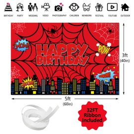 Spider Web Happy Birthday Photography Backdrop, 5x3ft City Skyline Buildings Background Photo Booth Banner Props for Kids Boys Girls Birthday Baby Shower Holiday Party Decorations Supplies