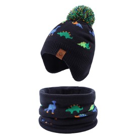 Zsedrut Dinosaur Winter Baby Beanie Hat Glove Set Fleece Lined Kids Boys Hat Knit Pompom Bonnet for Toddler Boys (as1, age, 4-8years, Colorful Dinosaur, 4-8 Years)