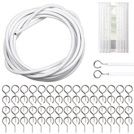 15 m Curtain Rope, White Curtain Wire, Plastic Coated Curtain Wire, with 30 Pairs of Screw Eyelets and Hooks, Curtain Wire for Net Curtain, Curtains, Shower Curtains, DIY