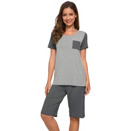 WiWi Pajamas Set for Women Short Sleeve Top with Shorts Pajama Sets Summer Plus Size Pjs Soft Viscose from Bamboo Loungewear S-4X, Iron Grey, X-Large