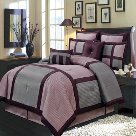 Royal Hotel Bedding Morgan Purple and Gray King Size Luxury 12 Piece Comforter Set Includes Comforter, Bed Skirt, Pillow Shams, Decorative Pillows, Flat Sheet, Fitted Sheet, Pillowcases.