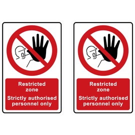 Restricted Zone Plastic Signs, Strictly Authorised Personnel Only, Pack of 2, 200mm x 300mm with Rounded Corners