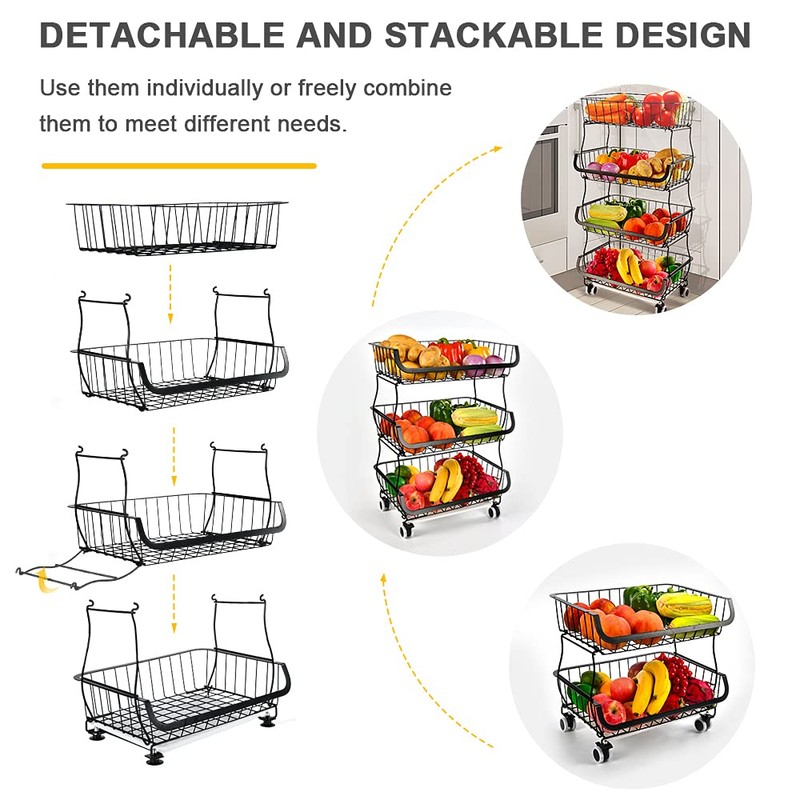 Fruit Vegetable Storage Basket, 4 Tier Stackable Metal Wire Storage