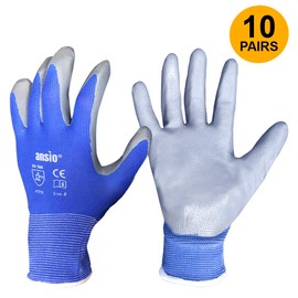 ANSIO PU Coated Nylon Non Slipy Safety Work Gloves Handling Gloves with secure GriP (M (Pack of 10), Blue - Nitrile)
