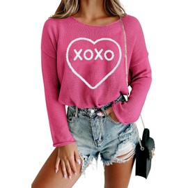OCURHU Sweaters for Women Casual Long Sleeve Tops Oversized Heart Embroidery Knit Pullover Clothes Hot Pink M