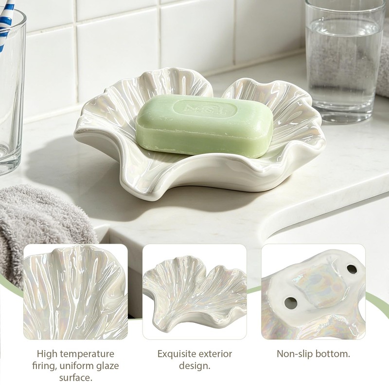 Ceramic Ginkgo Soap Dish, Self-Draining Tray White