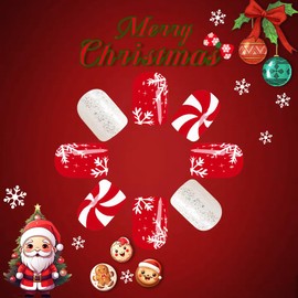 TENPAL Christmas White Snowflake Press on Nails Short Square Glitter White Red Acrylic Nails Press Ons Full Cover Xmas Fake Nails with Designs Stick on Nails New Year Gift for Women and Girls 24pcs