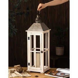 TIMRIS Large Rustic Wooden Decorative Lantern Set of 2, Modern Farmhouse Distressed Whitewash Floor Candle Lanterns, Indoor/Outdoor Hanging Lanterns for Home Decor (No Glass)