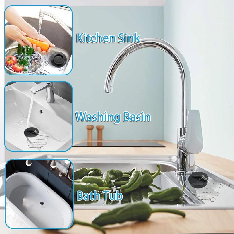 4Pcs Universal Sink Plug with Chain, Rubber Bathroom Sink Plug