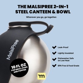 Malsipree 2-in-1 Portable Dog Water Bottle & Bowl for Small Dogs - Leak Proof & Insulating - Travel Water Dispenser - Stainless Steel Bottle & Silicone Bowl - Walking & Hiking (10 fl oz, Black)