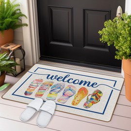 WTOGQ Summer Beach Door Mat, Coastal Beach Welcome Mat, Ocean Beachy Nautical Summer Slippers Front Door Porch Indoor Outdoor Entrance, Coastal Outdoor Decor, Beachflip Flops Decor,17X29 Inches