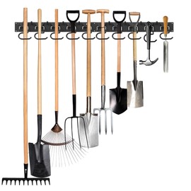 GARLWOLEX 34 Inch Garden Tool Organizer Wall Mount with Non Slip Rubber Coated Metal Hooks, Storage Rack for Indoor/Outdoor Shovel, Rake, Mop and Broom Holder Wall Mount （ 10 Hooks+10 Holders