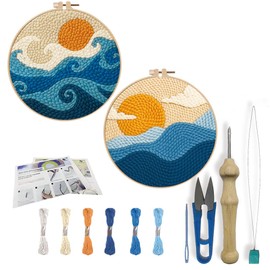 FREEBLOSS 2PCS Sunrise Punch Needle Starter Kits DIY Punch Needle Craft Kit for Beginners with Complete Tools, Yarn, and Instructions, 7.9"