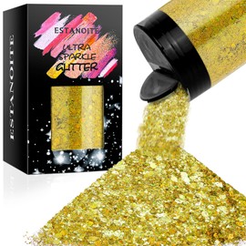Holographic Chunky Glitter, 160G/5.64OZ Craft Glitter for Resin, Metallic Iridescent Chunky Glitter Sequin Flake, Cosmetic Glitter for Makeup Body Nail Face Eye, Glitter Tumbler (Gold)