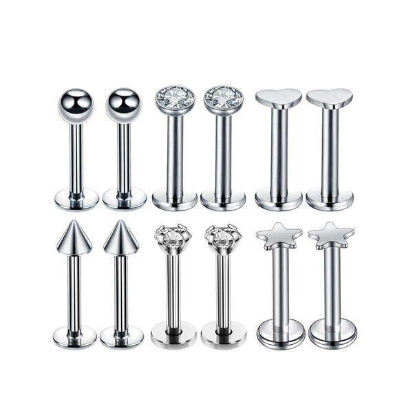 Studs - 6 Pairs 16G G23 Titanium Piercing Internally Threaded