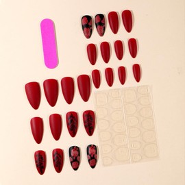 24 Pcs Red Matte Press on Nails Medium Almond False Nails with Flower Design Valentine’s Day Fake Nails Kit Spring Summer Floral Nails Full Cover Artificial Nails Ruesable Stick on Nails for Women
