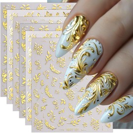6Pcs Gold Nail Art Stickers 3D Metallic Floral Leaf Nails Decals Gold Cherry Blossom Flower Nail Stickers Butterfly Nails Art Design Supplies for Women Girl Spring DIY Manicure Decoration Accessories