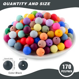 Sunrony 170Pcs 15mm Silicone Beads for Keychain Making, Round Silicone Beads for Pens and Necklace Bracelet Crafts Making(Black)