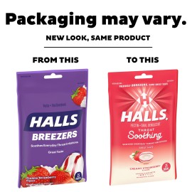 HALLS Throat Soothing (HALLS Breezers) Creamy Strawberry Throat Drops, 25 Count