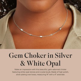 Rocksbox Gem Choker Necklace in Silver and White Opal - Choker Necklace for Women - Silver Plating with Opal and Cubic Zirconia - Premium Quality Jewelry - 14" with Extender