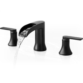 HOIGY Black Bathroom Faucet 3 Hole, Brass Bathroom Waterfall Faucet 2 Handle, 4-16 Inch Widespread Bathroom Sink Faucets, Restroom Sink Faucet for Vanity with Supply Hoses, NO Equipped Pop-up Drain