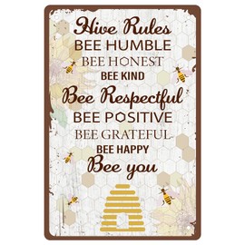 CREATCABIN Metal Tin Sign Hive Rules Bee Humble Bee Honest Bee Kind Vintage Inspirational Quotes Wall Decoration for Home Kitchen Bathroom Farm Garden Bar Pub Garage Poster Plaque 8 x 12 Inch