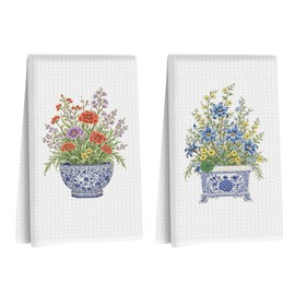 2Pcs Flower Kitchen Towels 24x14 Inch, Colorful Floral Durable Reusable Microfiber Dish Towels, Waffle Weave Hand Tea Towel for Kitchen Home Bathroom Farmhouse Decor, Flowers Gifts for Women Friend