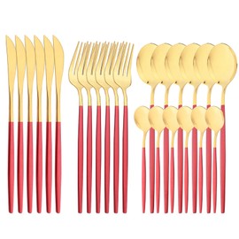 Snplowum - Juego de cubiertos con espejo, 24 piezas, cubiertos de acero inoxidable 18/0 con mango rojo, vajilla simple y moderna para fiestas en casa, restaurante, cena de Navidad, servicio para 6 (oro rojo)